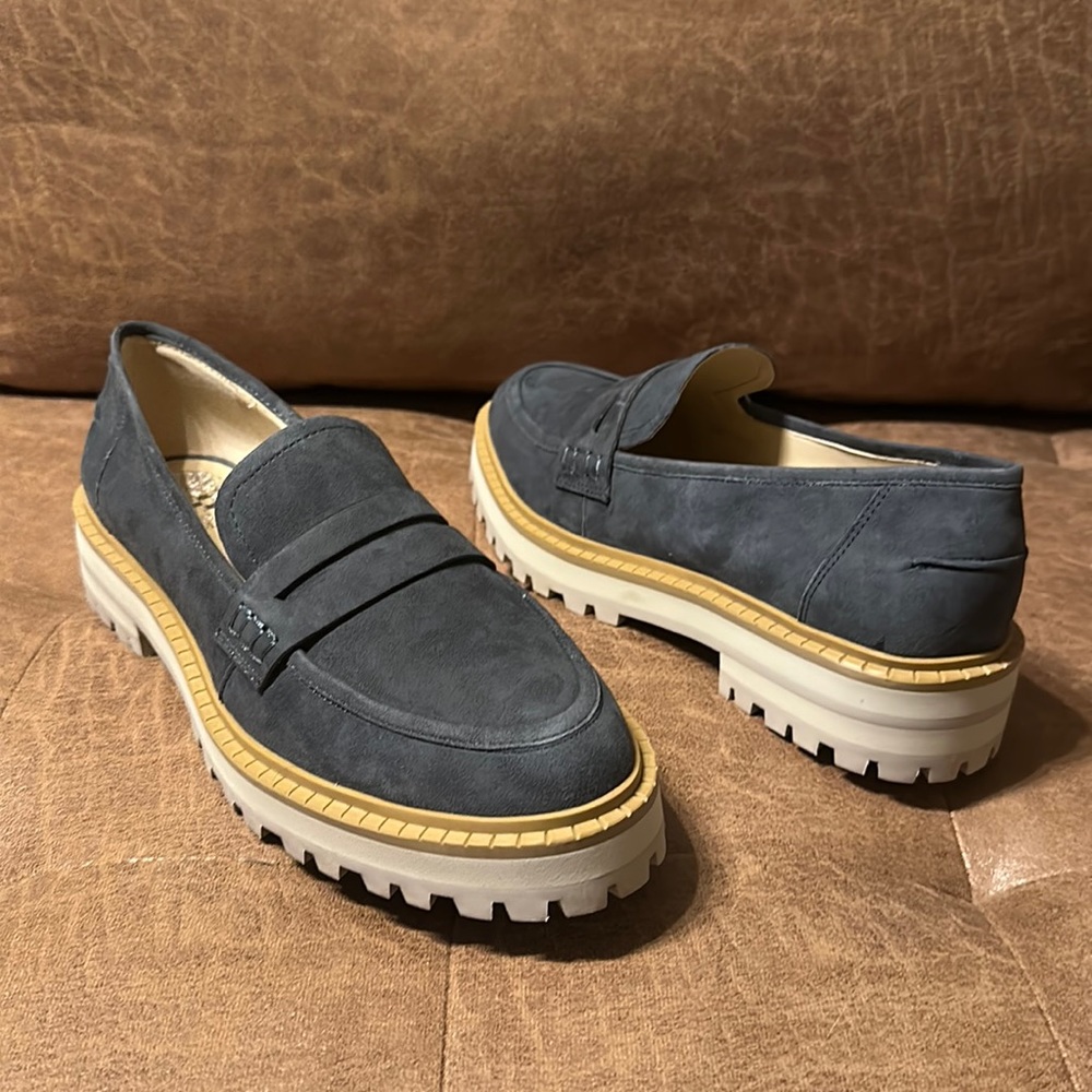 Vince Camuto McKella blue suede lug sole women’s loafers. Brand new, never worn.